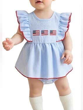 Seersucker Blue Striped Bubble with Ruffle & Flag Embroidery NEW size 12/18 mths